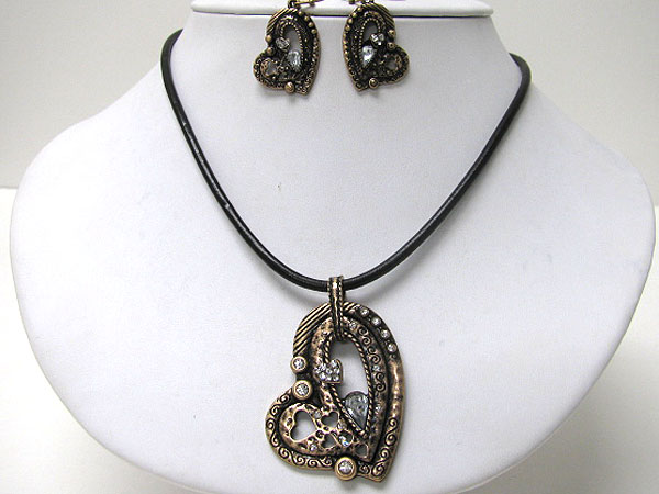 Crystal deco metal art heart pendant cord necklace earring set