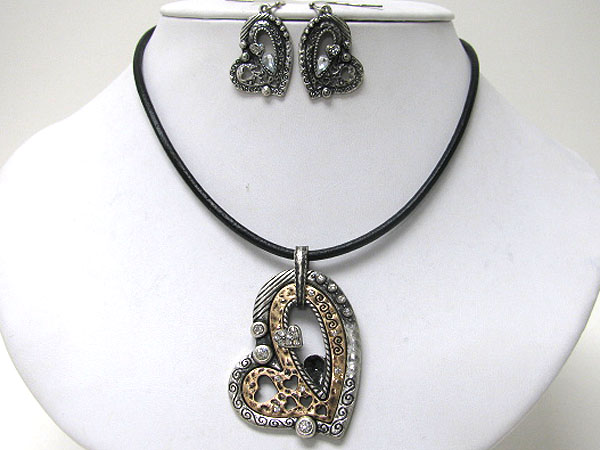 Crystal deco metal art heart pendant cord necklace earring set