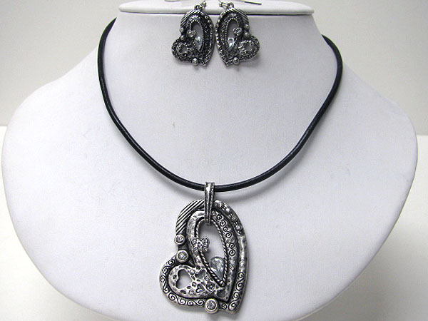 Crystal deco metal art heart pendant cord necklace earring set