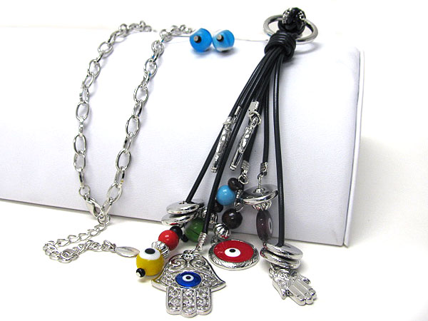 Hamsa and evil eye charm drop necklace earring set