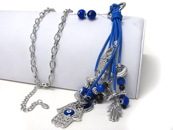 Hamsa and evil eye charm drop necklace earring set