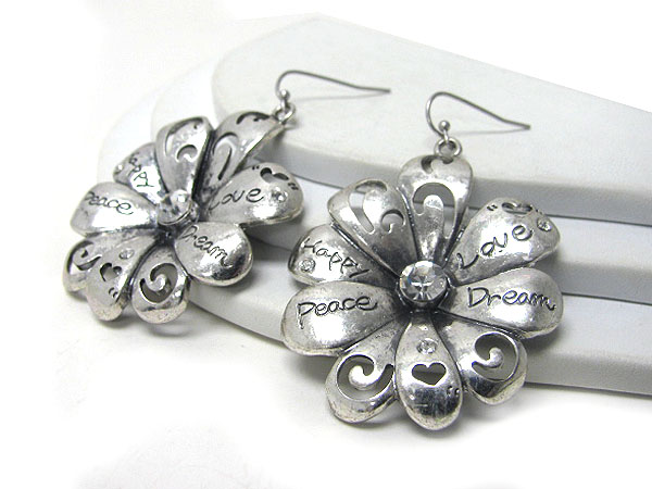 Crystal center metal flower and message on petal earring