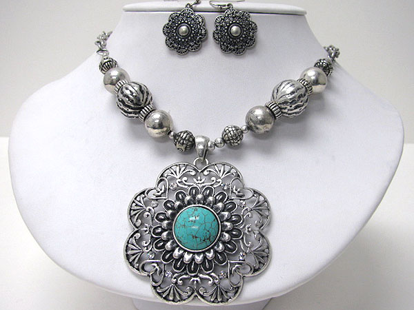 Turquoise center metal flower and ball link chain necklace earring set