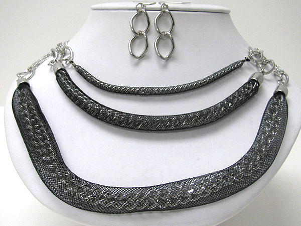 Three layered chain in metal mesh tube necklace earring set