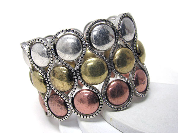 Three line metal puff disk link stretch bracelet