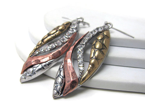 Three tone metal and crystal deco leaf earring