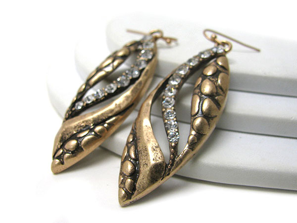 Three tone metal and crystal deco leaf earring