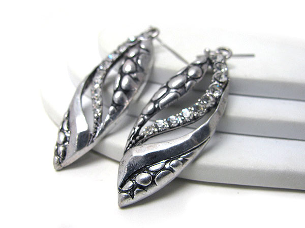 Three tone metal and crystal deco leaf earring