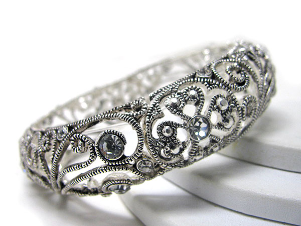 Crystal deco and macasite look metal filigree stretch bracelet