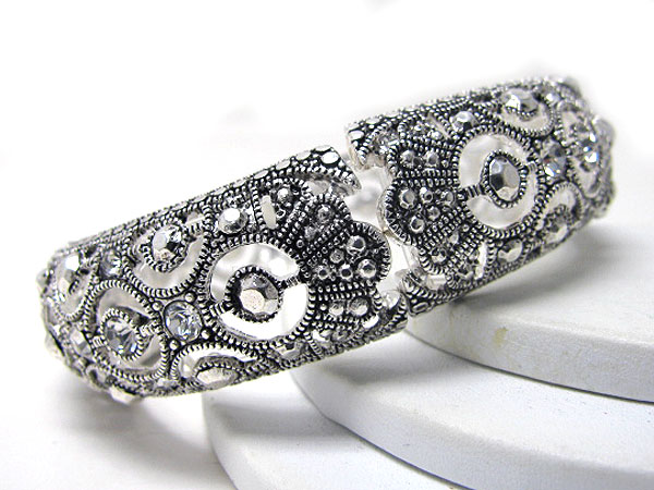 Crystal deco and macasite look metal filigree stretch bracelet