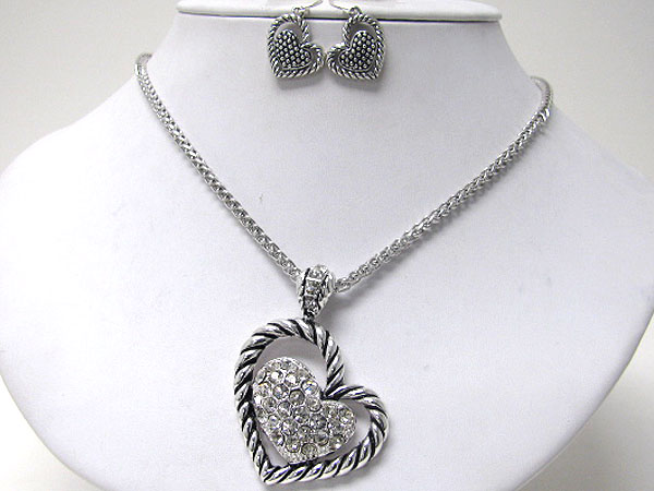 Crystal stud heart and metal art necklace earring set