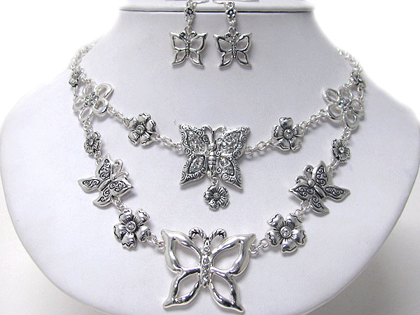 Multi butterfly and flower theme double chain necklace earring set