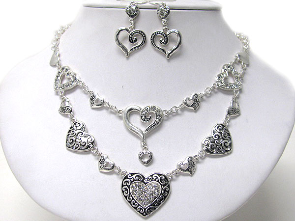 Crystal stud multi heart link double necklace earring set