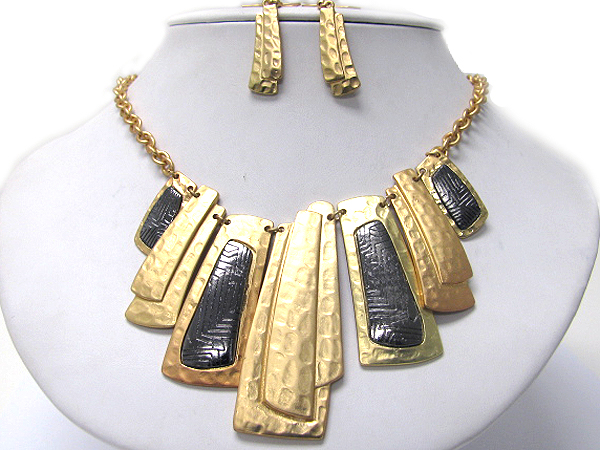 Tribal look multi textured metal bar drop necklace earring set