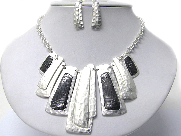 Tribal look multi textured metal bar drop necklace earring set