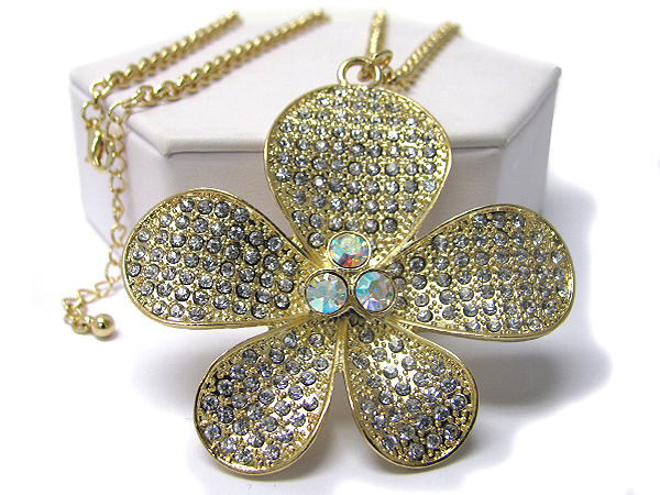 Crystal stud large flower pendant long necklace