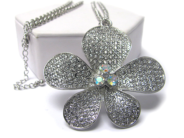 Crystal stud large flower pendant long necklace