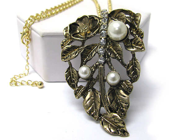 Pearl and crystal deco metal art flower and leaf mix pendant long necklace