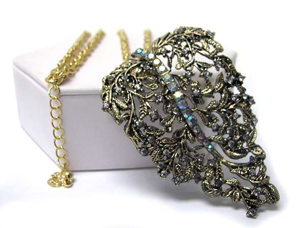 Crystal deco large filigree metal leaf pendant long necklace