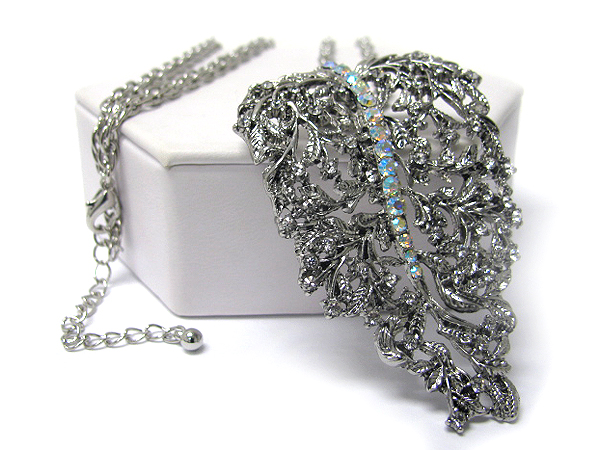 Crystal deco large filigree metal leaf pendant long necklace