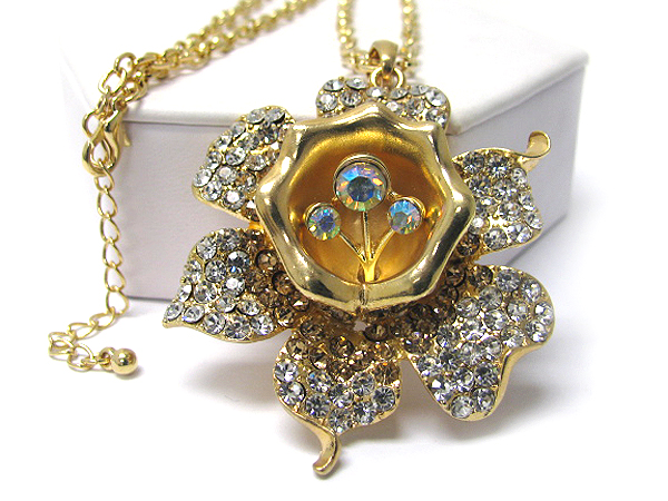 Crystal deco large flower long necklace