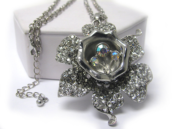 Crystal deco large flower long necklace