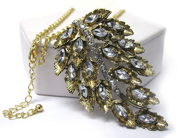 Multi crystal deco leaves make one large leaf pendant long necklace