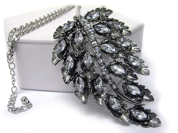 Multi crystal deco leaves make one large leaf pendant long necklace