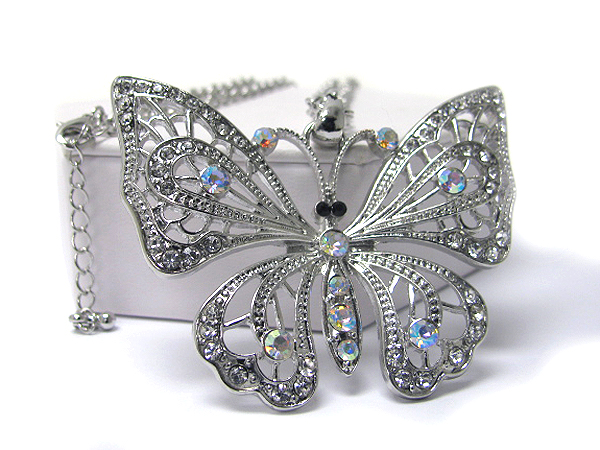 Crystal deco metal filigree large butterfly pendant long necklace