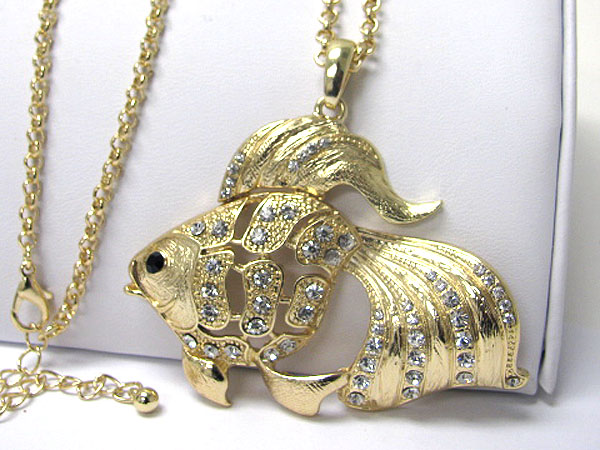 Crystal stud large golden fish long necklace