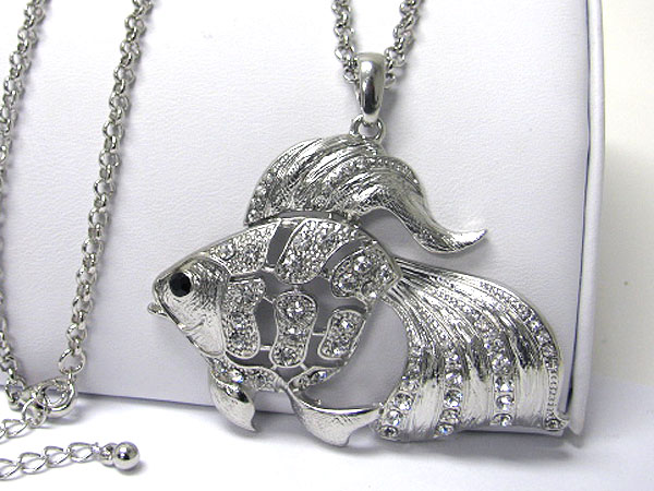 Crystal stud large golden fish long necklace