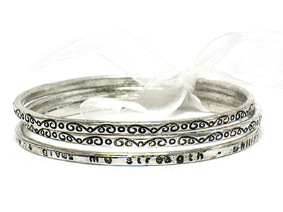 Casting and words metal three bracelet with white ribbon