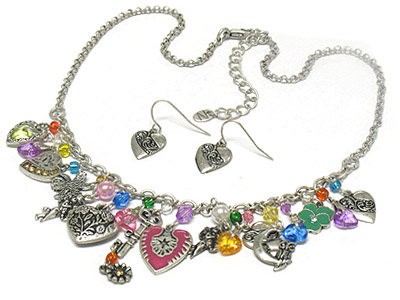 Multi casting metal and acryl dangles necklace and earring set 