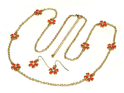 Colored epoxy metal flower long necklace and earring set 