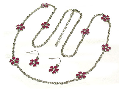 Colored epoxy metal flower long necklace and earring set 