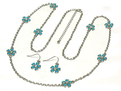 Colored epoxy metal flower long necklace and earring set 