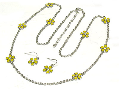 Colored epoxy metal flower long necklace and earring set