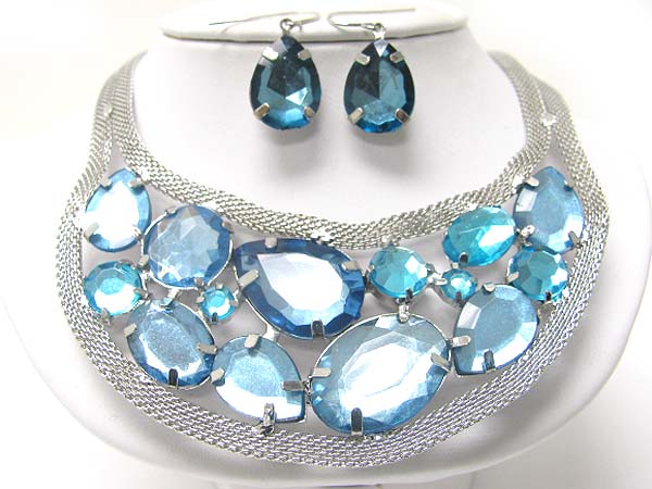 Big eye facet glass stone and dual metal tube chain necklace earring set?