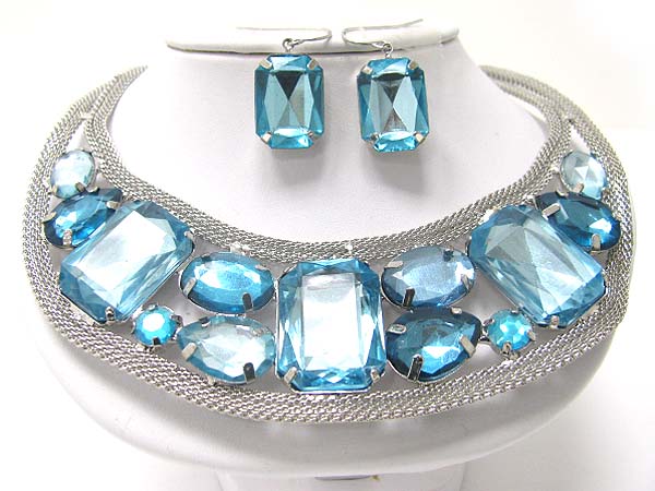 Big eye facet glass stone and dual metal tube chain necklace earring set?