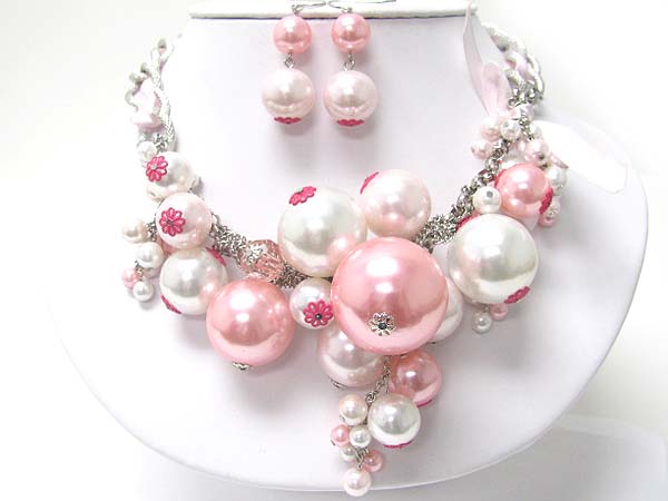 Mixed color and size pearl ball dangle necklace earring set