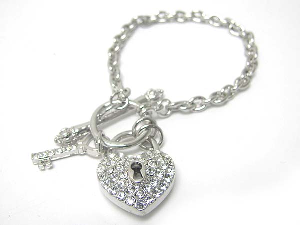 Made in korea whitegold plating crystal key and lock charm toggle bracelet