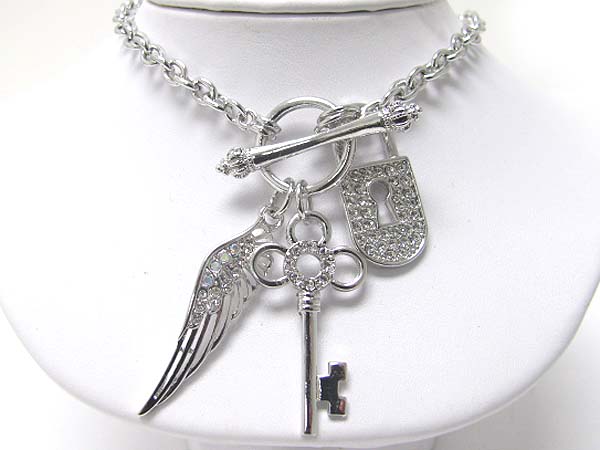 Made in korea whitegold plating crystal key and lock and wing charm toggle necklace