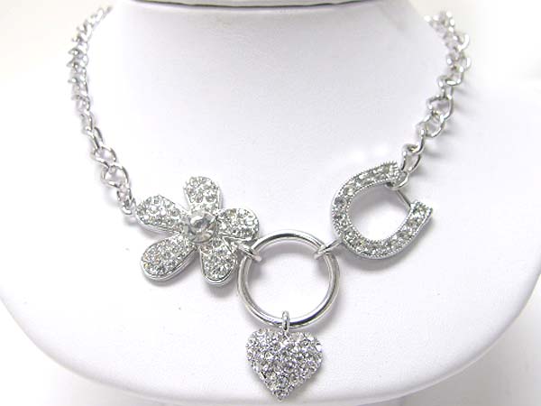 Made in korea whitegold plating crystal flower heart and horse shoe charm necklace