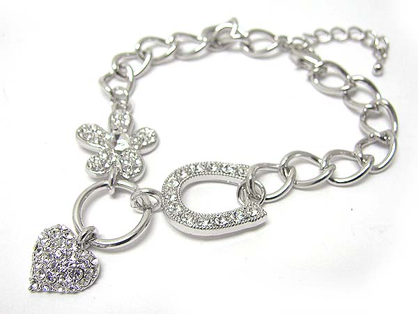 Made in korea whitegold plating crystal flower heart and horse shoe charm bracelet