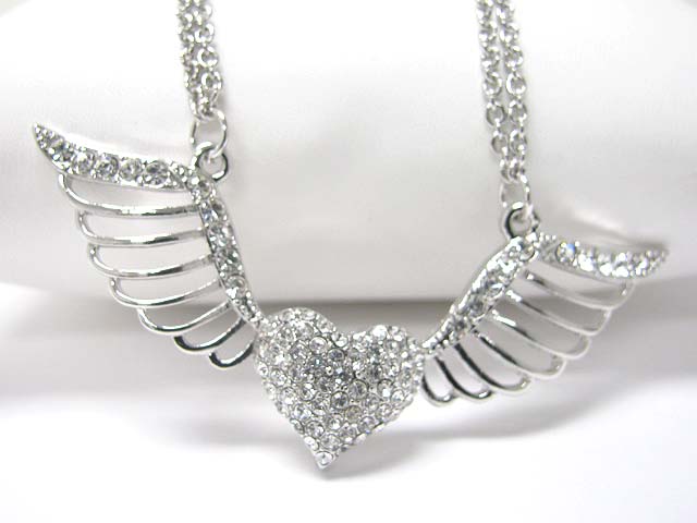 Made in korea whitegold plating crystal heart and wing pendant necklace