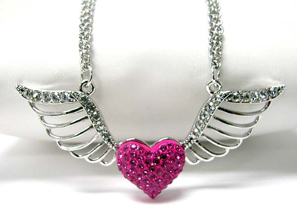 Made in korea whitegold plating crystal heart and wing pendant necklace