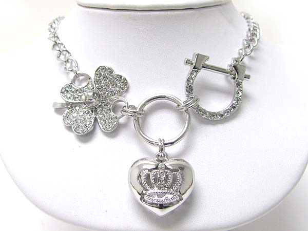 Made in korea whitegold plating crystal clover crown heart and horse shoe charm necklace