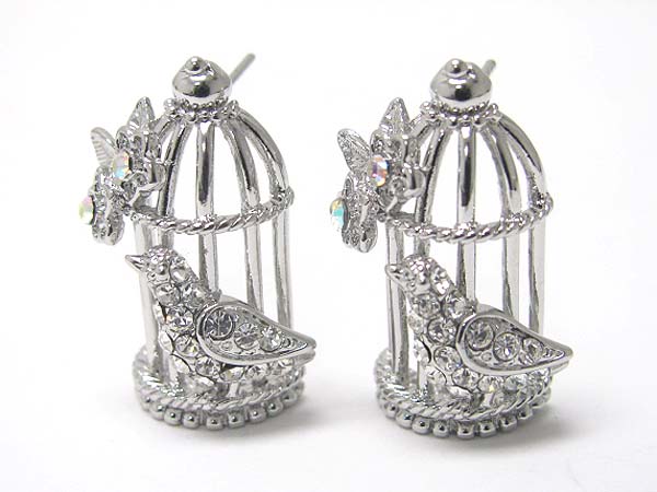 Made in korea whitegold plating crystal stud flower deco bird cage earring