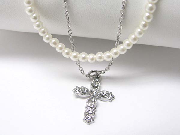 Made in korea whitegold plating crystal stud smallcross pendant and pearl and metal dual chain necklace