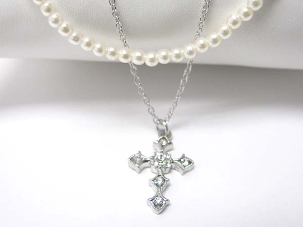 Made in korea whitegold plating crystal stud smallcross pendant and pearl and metal dual chain necklace